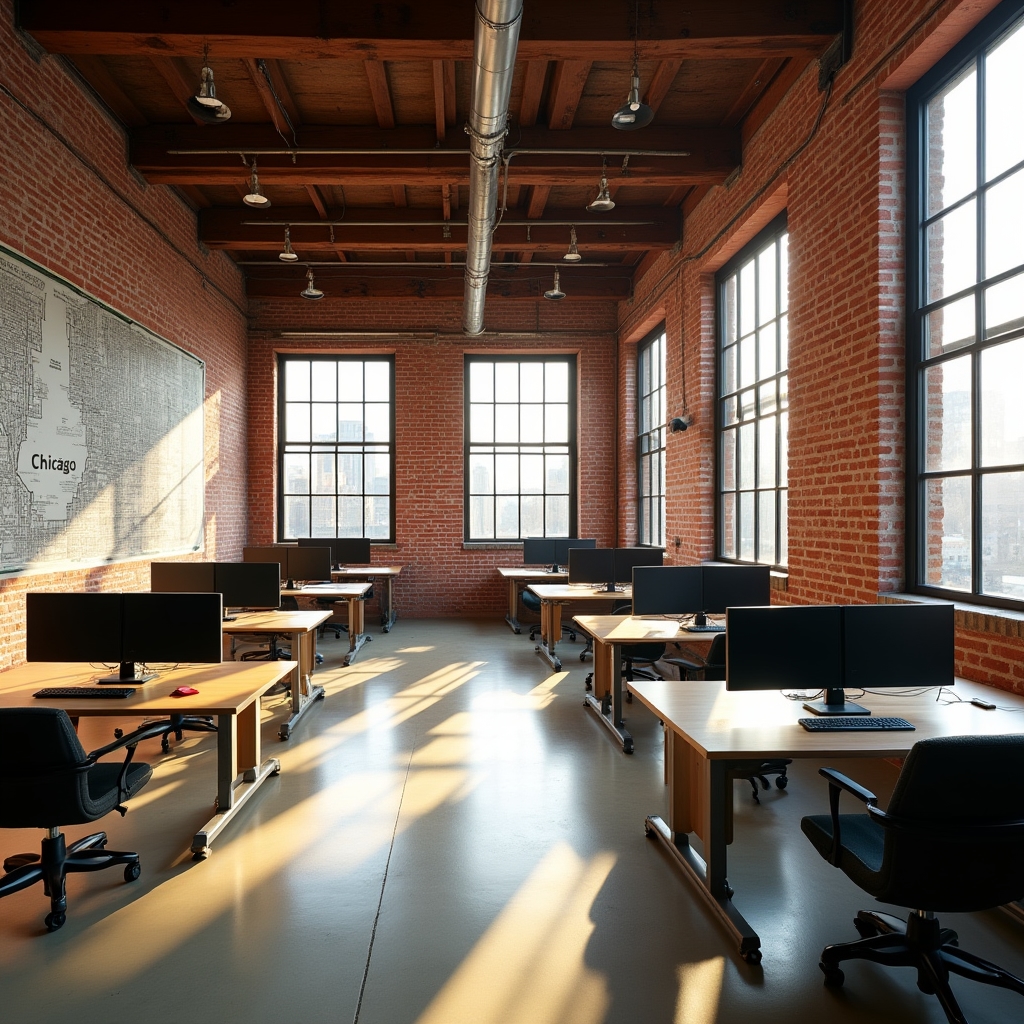 Modern industrial-chic office workspace in Chicago with exposed brick walls and collaborative work areas