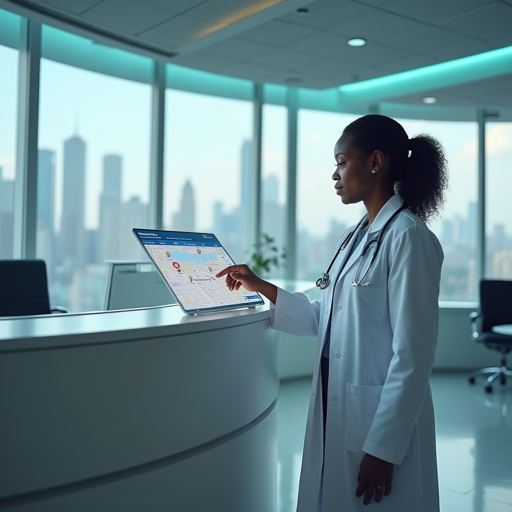 Modern medical clinic reception area with healthcare professionals in professional environment